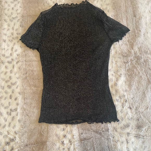 Size Small Women's Sheer Black Mesh Lettuce Trim Glitter Short Sleeve Top - Picture 6 of 16
